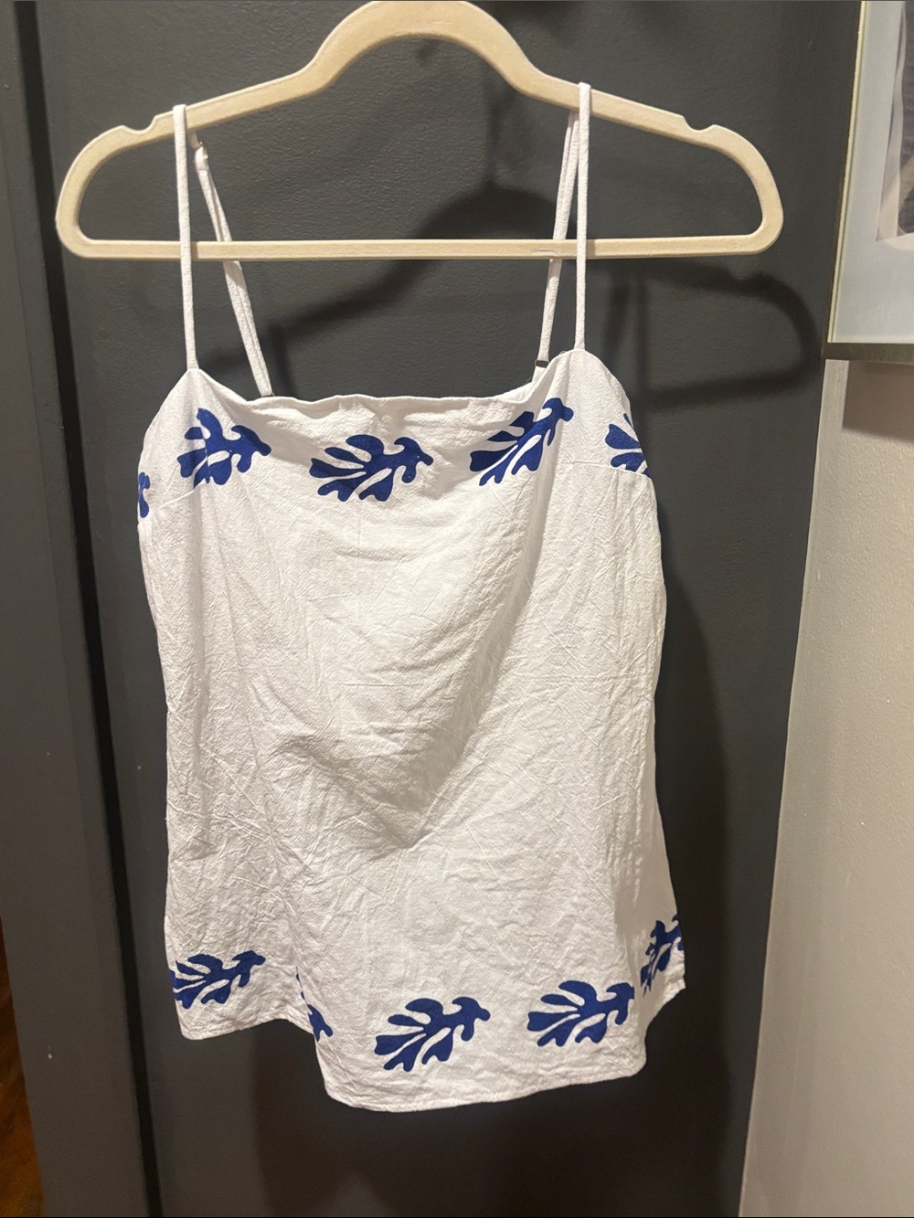 White Spaghetti-Strap Camisole with Blue Leaf Accents
